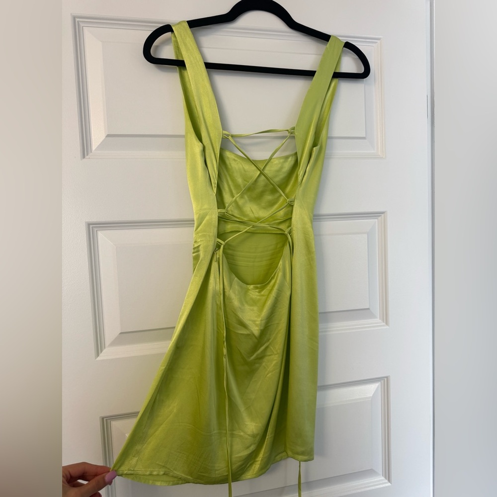 Meshki Carina Tie Back Mini Slip Dress in Pistachio Green - Picture 3 of 3
